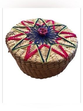 Wicker Mexican Basket | Floral Topped Attached Weaved Design | Decor Boho Hippie